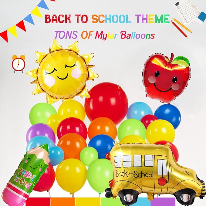 140 Pcs Red Blue Yellow Green Back to School Balloon Garland Arch Kit | Includes letter banner, rainbow pencil, school bus, sun and apple foil balloons ,Kindergarten Graduation Decorations