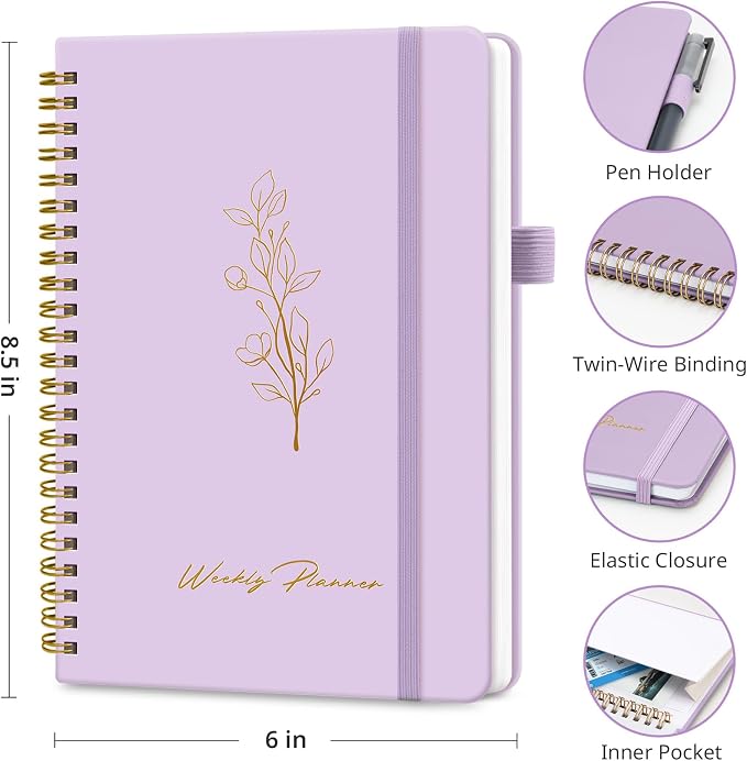 Taja Undated Weekly Planner, Weekly To Do List Notebook with Goal & Habit Tracker Organizer, A5 Weekly Planner Notebook with Spiral Binding, 6.1" x 8.2" - Purple