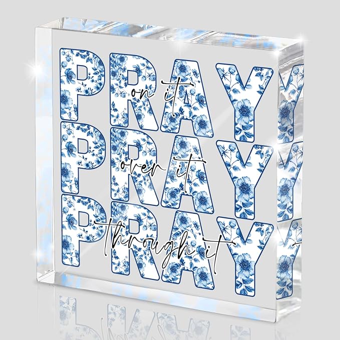 Blue and White Inspirational Decor, Blue Floral Chinoiserie Desk Decorations for Office, Ideal Christian Gifts for Women - Pray On It,Pray Over It - Bible Verse Desk Art, Dorm Room Decor for Women