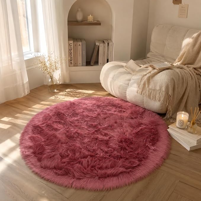 EasyJoy Faux Sheepskin Rug, Fluffy Faux Fur Rug, Ultra Soft Shag Area Rug with Non-Slip Backing for Bedroom, Living Room, Nursery, Kids Room(4 x 4 ft Round, BlushPink)
