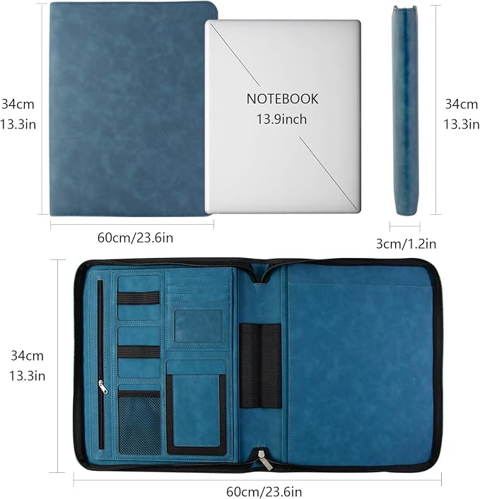 Leather Business Portfolio Organizer 13.4", Padfolio Binder for Women with Zipper, Fits 13" Laptop/Cellphone Charger Legal Pad Portfolio Document Folder ﻿ (Blue)