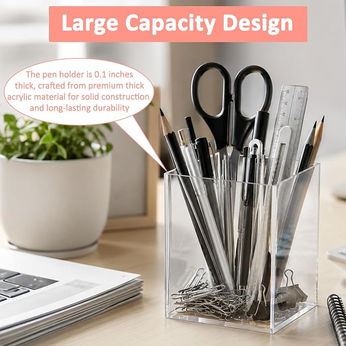 Mototo 3 Clear Acrylic Pen Holder Square Pencil Cup Office Desk Organizer | Toothbrush Utensil Holder Marker Makeup Brush Organizer Pencil Box Coffee Stirrers Storage Container for Classroom Counter