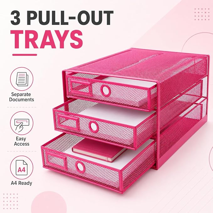 Exerz Paper Sorter 3 Drawer Wire Mesh A4 / Desk Multifunctional Desk Organiser/Multi-Layer Letter Tray - for Documents, Magazines, Notebooks and Letter (Pink)