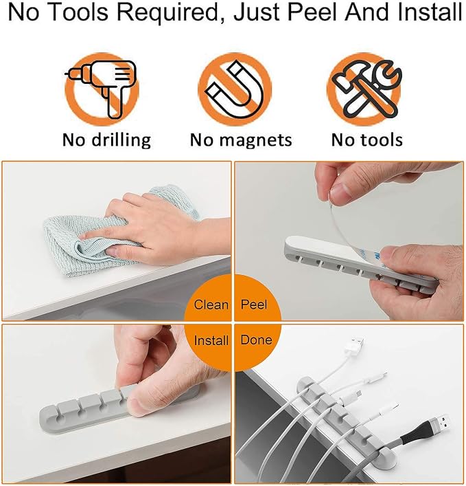 Desk Accessories for Charging Organizer - 5 Packs Grey Computer Desk Accessories and Adhesive Cord Organizer for Cable Holder Cleans Up Messy Wires at Home, Car and Office (7-5-3-1-1 Slots) | Self Adhesive, Office, Car, Grey Silicone Cord Keeper, Cable...
