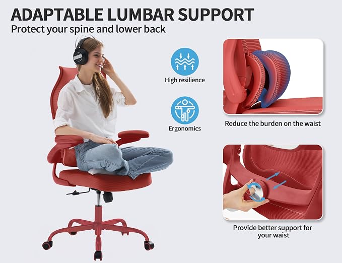 TRALT Ergonomic Office Chair- Desk Chair with Adjustable Lumbar Support | Big and Tall Back Ergonomic Desk Chair - Home Office Mesh Chairs and PU Leather Seat for Home Reading to Adults(Red)