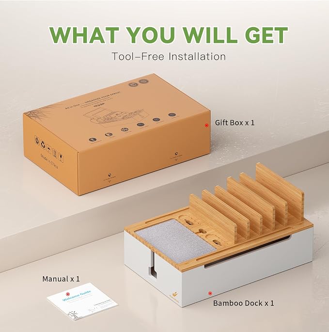 Pezin & Hulin Charging Station, Natural+White (No USB Charger and Cables) | Electronic Devices Organizer for Multiple Devices Charger Such As Cell Phone, Tablet, Watch and More - Bamboo