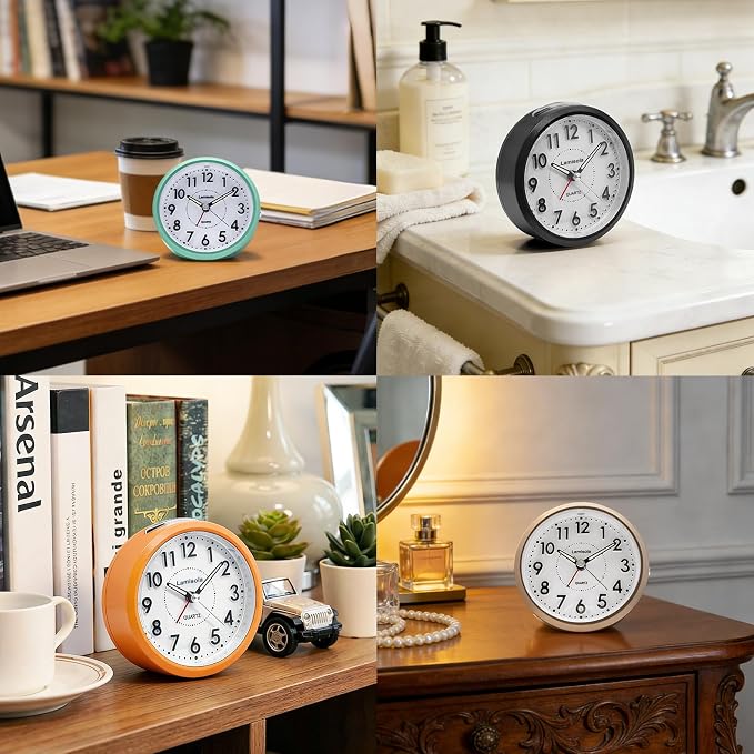 Lamisola 4 Inch Alarm Clock for Bedrooms, Small Analog Desk Clock, Orange | Battery Operated Bedside Clock for Bedroom Bathroom Home Nightstand Shelf, Night Light Snooze, Minimalist Clocks for Seniors