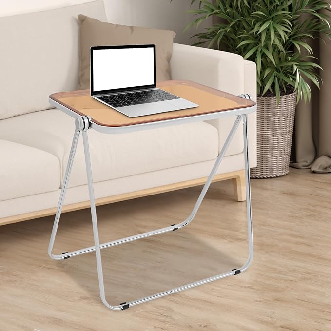Clear Acrylic Small Folding Table, Acrylic Folding TV Tray Table, No Assembly Required Tiny Desk for Home Office Side Table Computer Desk for Small Spaces, Tawny