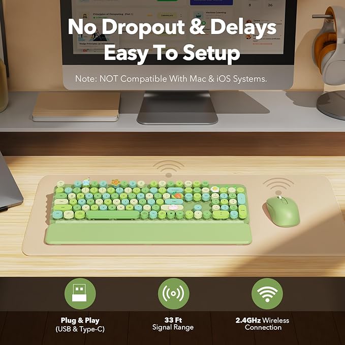 Wireless Keyboard and Mouse Combo, Cute Retro Typewriter Keyboard with Round Keycaps, Full-Size Aesthetic Keyboard with Magnetic Wrist Rest, 2.4G USB for Windows/Mac Desktop Laptop (Green Multi-Color)