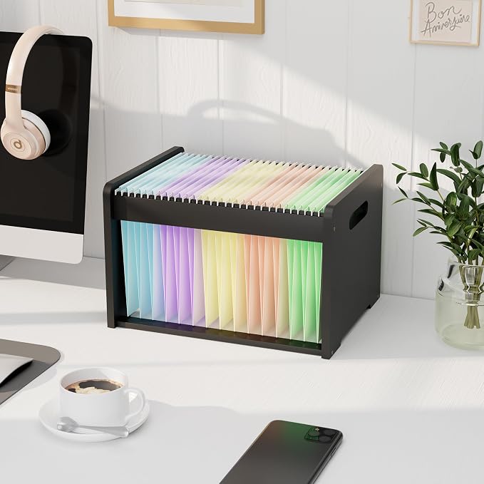 Bamboo Hanging File Organizer, Desktop File Box, Open Top, 1 Pack, Black | Open-Top Access, 2 Hanging Folders Included, Letter & Legal Files, Sliding Rails, Reinforced Handles, Easy Assembly