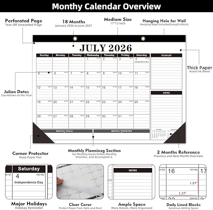 Tcamp 2026 Calendar, Desk Calendar 2026-2027 from January 2026 to June 2027, Big 17" x 12" Wall Calendar with Julian Dates, 18 Months Desk Planner for Home School Office Desktop, Christmas Gifts