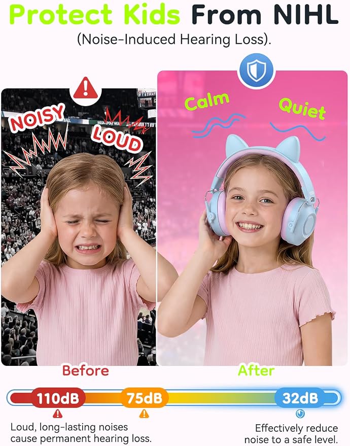 Dr.meter Kids Ear Protection Ear Muffs: 32dB SNR Noise Cancelling Headphones for Kids, Adjustable Noise Reduction Hearing Protection for Autism Sensory, Fireworks, Concert w/Fun Stickers