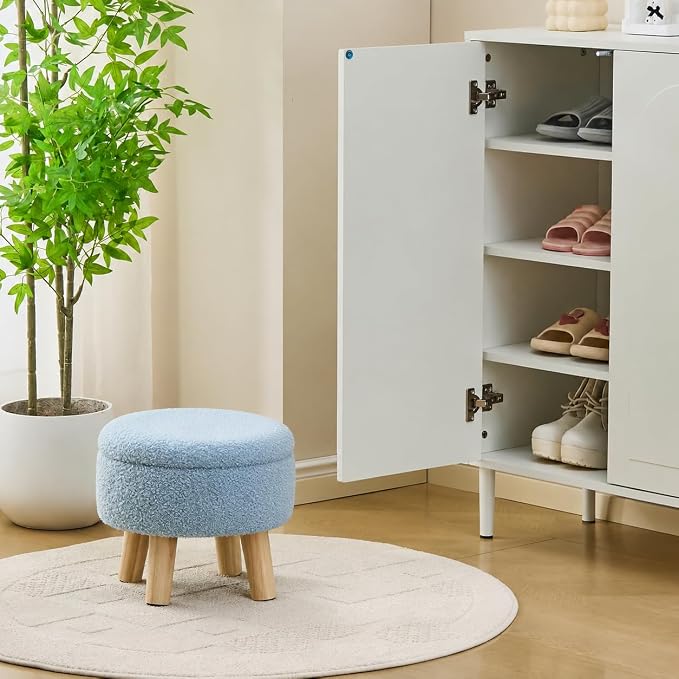 Wimarsbon Storage Ottoman, Modern Round Footrest with Soft Padded Seat, Teddy Velvet Footstool with Wood Legs, Accent Small Table or Plant Stand for Hallway, Living Room (Blue)