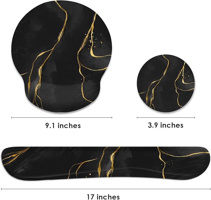 Britimes Black Gold Marble Ergonomic Mouse Pad Set with Wrist Rest Non-Slip Rubber Base Abstract Modern Wrist Cushion Support and Coasters Mousepad with Wrist Support for Computer Keyboard and Desk