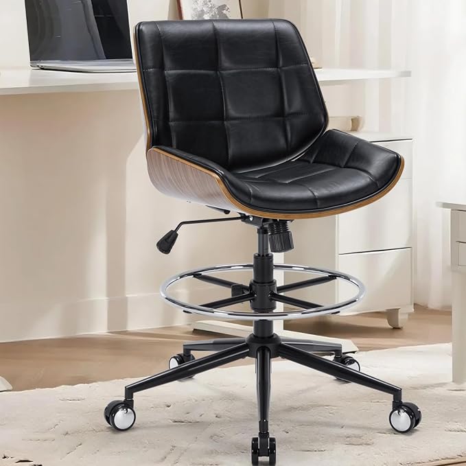 Drafting Office Chair Ergonomic Executive Computer Standing Desk Chair with Adjustable Height and Footrest Ring, Drafting Chair for Counter Height Desk and Drawing (Black)
