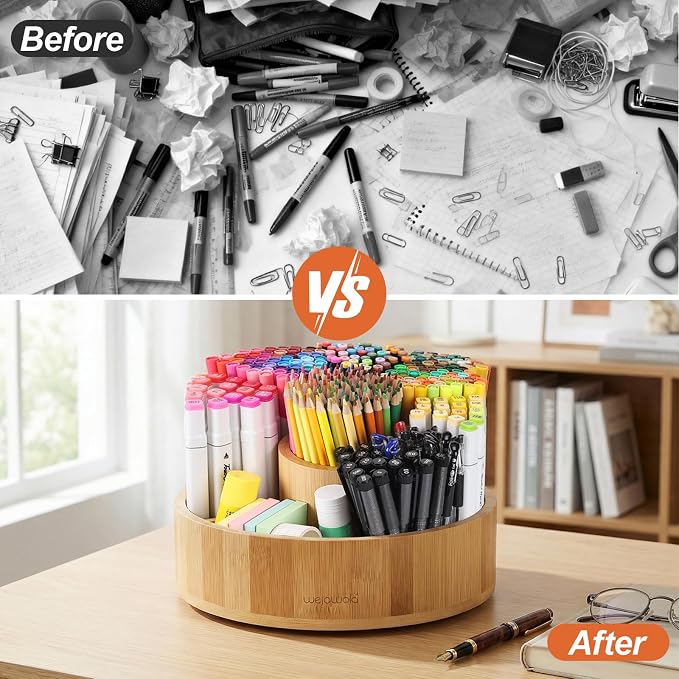 Marker Organizer Rotating Bamboo Desk Organizer, Silent 360° Rotation Caddy, 10 INCH LARGE Art Supply Caddy Holds 140+ Markers, 750+ Pencils for Home Office, Classroom, Birthday Gift, 10 Compartment