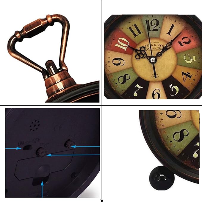 Vintage Analog Alarm Clock, Tuscan Style, 5.25inch | Small, Silent Desk Clock, Night Light, Battery Operated, Table, Bedroom, Bedside, Living Room, Gift Clock