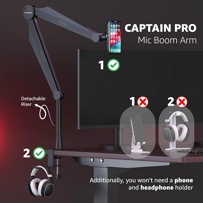 IXTECH Mic Boom Arm Microphone Arm for Blue Yeti Shure Sm7b Hyperx QuadCast Rode At2020 and Fifine Upgraded Mic Stand with Tablet and Headphone Holder for Gaming Podcasting and Streaming CAPTAIN PRO
