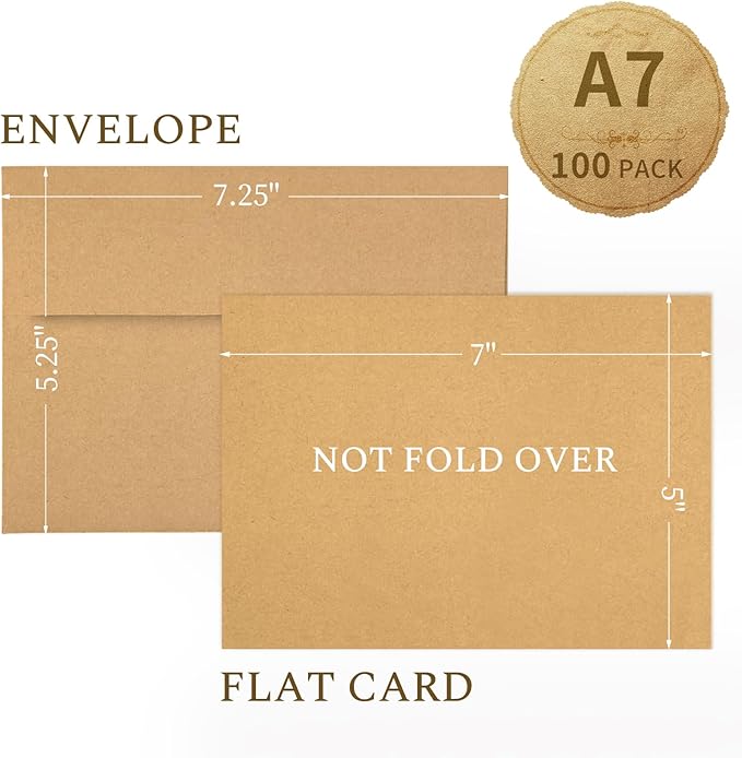 5x7 Brown Kraft Blank Note Cards with Envelopes 100 Pack (Not Folded), Goefun 5x7 Flat Cardstock and A7 Brown Envelopes Self Seal for Wedding, Invitation, Birthday, DIY Notecards & All Occasions