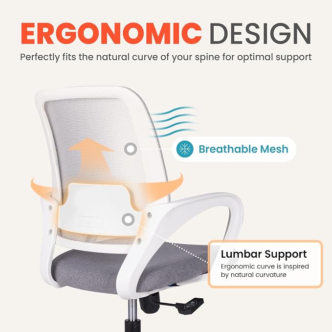 NEO CHAIR Office Desk Ergonomic Computer Mesh Chair with Lumbar Mid Back Support Adjustable Height Swivel Rolling Wheels Comfy Task Vanity Chair for Home Bedroom Study (Grey)