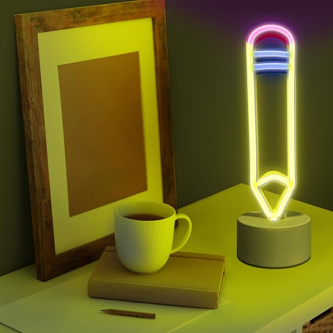 Lumoonosity Pencil LED Neon Signs - Desk/Table Classroom Lamp with Stand for Bedroom, Study Room, Game Room - USB/Battery Powered Pencil Neon Lights - Back to School Classroom Lights for Teachers