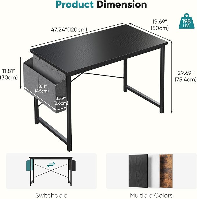 OLIXIS Computer Desk, 47 Inch Home Office Desks for Small Spaces, Writing Craft Study Gaming Table for Bedroom, Modern Computer Workstation with Storage Bag, Black