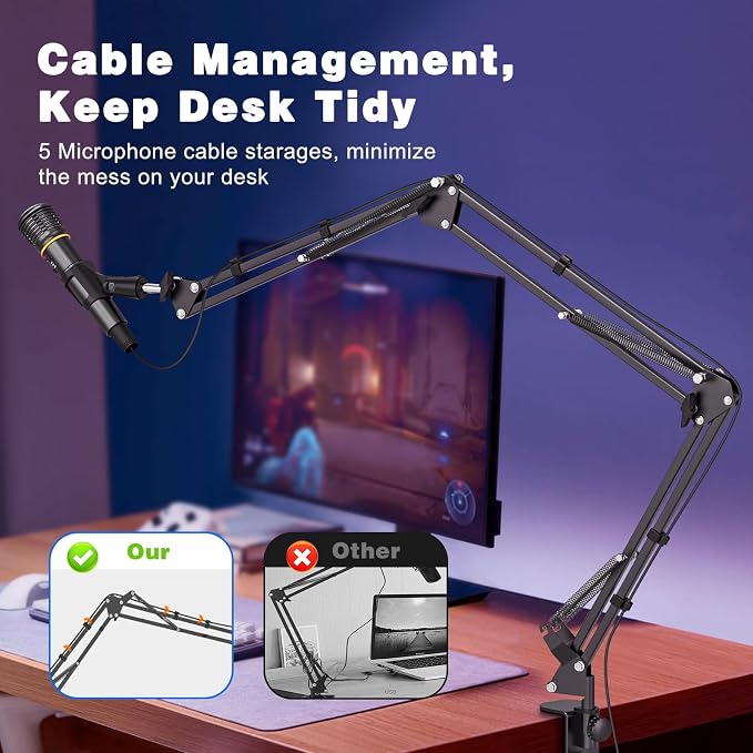 Microphone Boom Arm, Professional Desk Mic Stand with 1/4", 3/8", 5/8" Adapters, Heavy-Duty Clamp, Wide Compatibility for Yeti, AT2020, Podcasting, Streaming & Recording