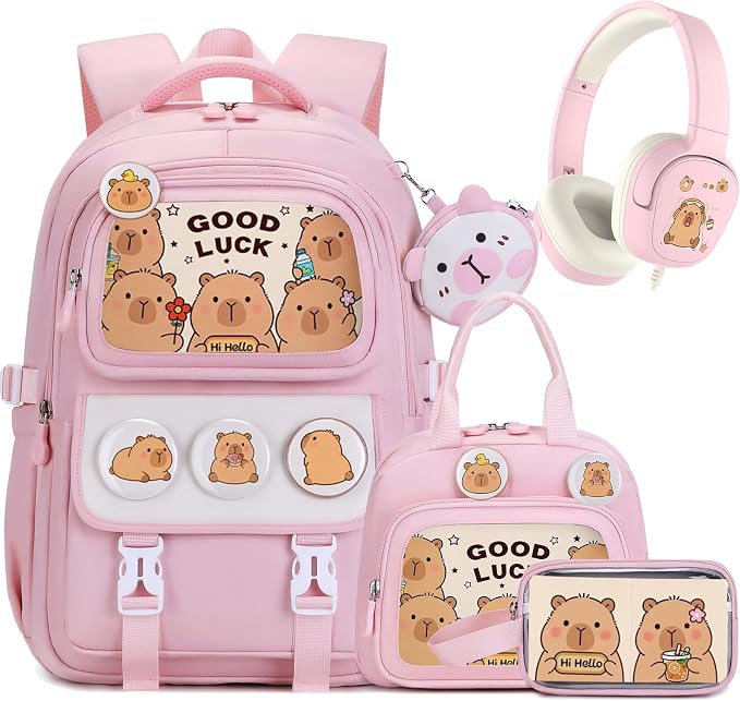 Capybara Backpack for Girls with Headphones - 4PCS Girls Backpack for Kindergarten Elementary Middle High School Travel - 3.5mm Wired Headphones Backpacks Back to School Gift(Pink)