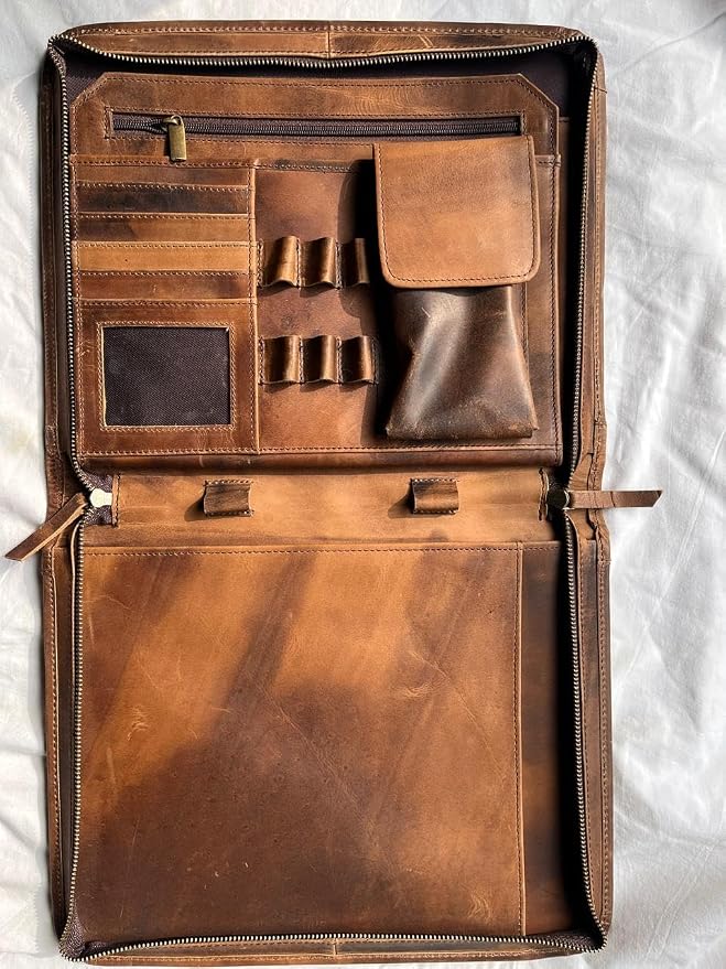 Leather Portfolio Organizer with Zipper for Men Women, Padfolio Business Resume A4/Pad, Folder Organizer, Legal Pad Holder with Card Slots, Zippered Padfolio for Business Documents (Brown)