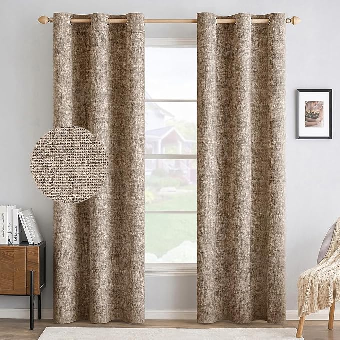 MIULEE 100% Blackout Linen Textured Curtains for Bedroom Solid Thermal Insulated Copper Brown Grommet Room Darkening Curtains & Drapes Luxury Decor for Living Room 42 x 90 Inch (2 Panels)