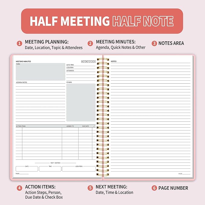 SUNEE Half Meeting Half Note - 7.5"x10" Professional Notebooks for Work - 160 Pages, B5 Size Project Planner, Spiral Meeting Agenda/Minutes Organizer for Women Men, Note Taking, Office & Business