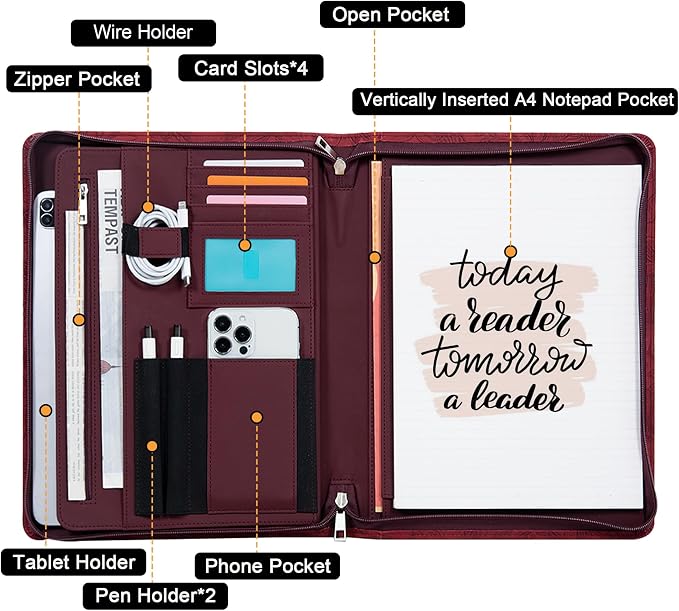 Elegant Multi-Function Leather Portfolio Organizer with A4 Notepad, Tablet and Phone Holders – Perfect for Business Professionals, Students, and Entrepreneurs – Ideal for Meetings, Conferences