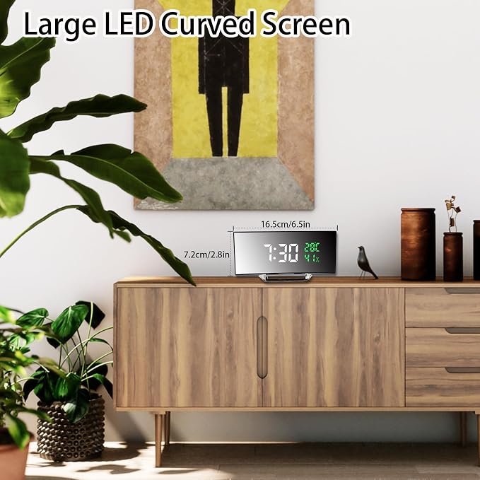 Digital Alarm Clock, LED Alarm Clock with Large Curved Screen, 2 Levels Brightness, 2 Alarms, Snooze, Bedside Clock with Temperature and Humidity Display, USB Power Supply (W&G)