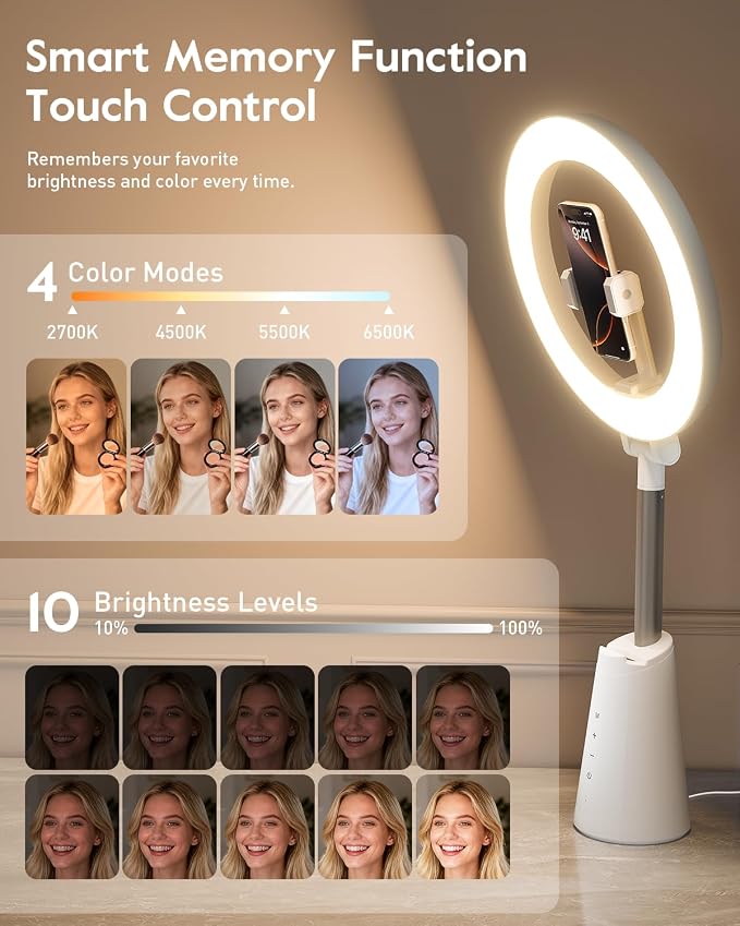 Ring Light for Makeup and Video Recording, 11" Desk Ring Light with 13.5" Stand & Phone Holders, Touch Control, Dimmable LED Selfie Light for Makeup, Video, Zoom Calls, Live Stream, YouTube&TikTok