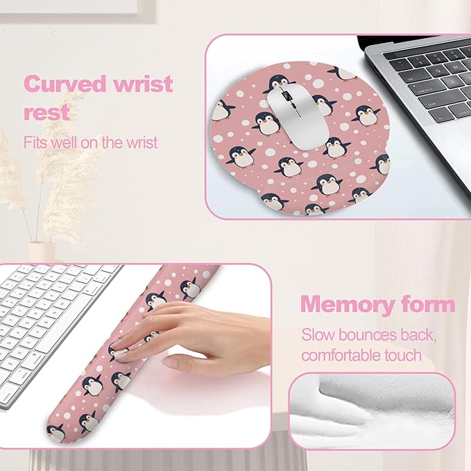 Cute Penguin Keyboard Wrist Rest Pad Mouse Pad Set,Ergonomic Mousepad Wrist Support Memory Foam Desk Pad for Gaming Office,Non-Slip Rubber Base Easy Typing for Home Office Computers