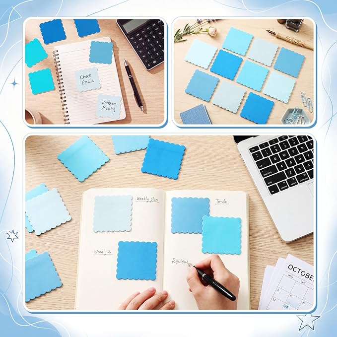 Epakh 10 Pack Scalloped Sticky Notes Bulk 3"x3" Cute Aesthetic Memo Pads 5 Gradient Colors Wavy Self Notepads for Office Study and Daily Life Organization, 300 Sheets(Blue)