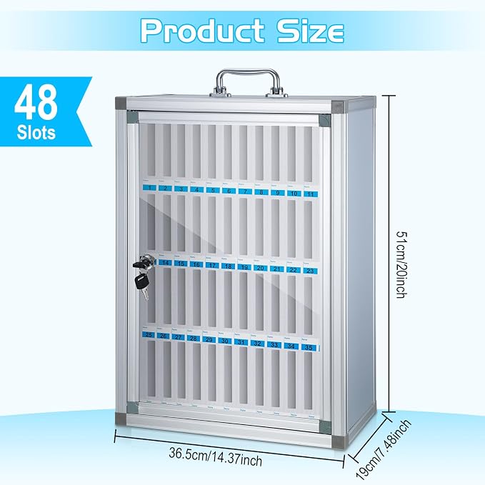 Amylove Cell Phone Locker Cabinet Aluminum Alloy Pocket Chart Storage Locker Box Cabinet Wall-Mounted Cell Phones Storage Box with Handle for Office Classroom Gym(White,48 Slots)
