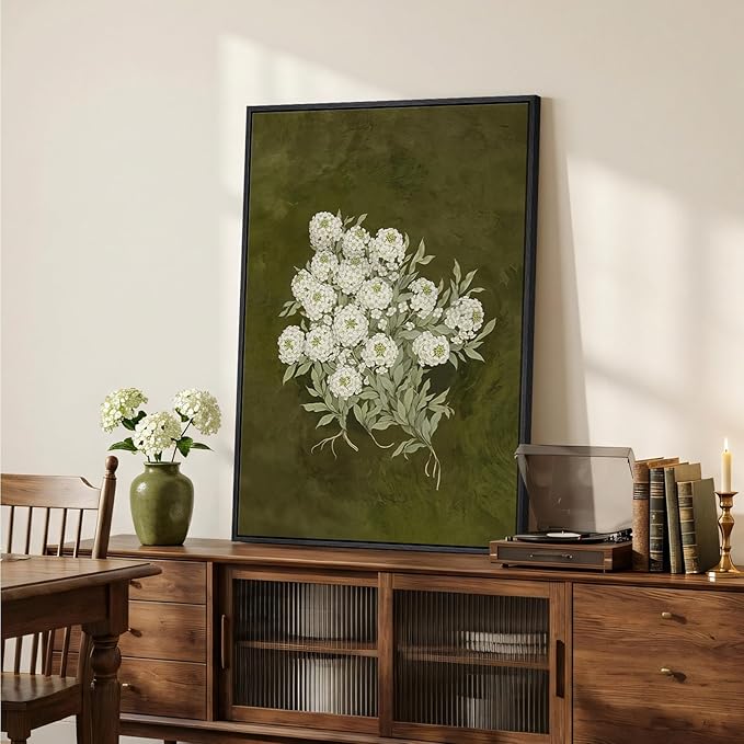 Large Framed Vintage Green Floral Wall Art, Vertical Modern Farmhouse Nature Olive Green Flower Canvas Painting Prints Artwork for Works, Retro Botanical for Living Room Bedroom Wall Decor, 24x36 In