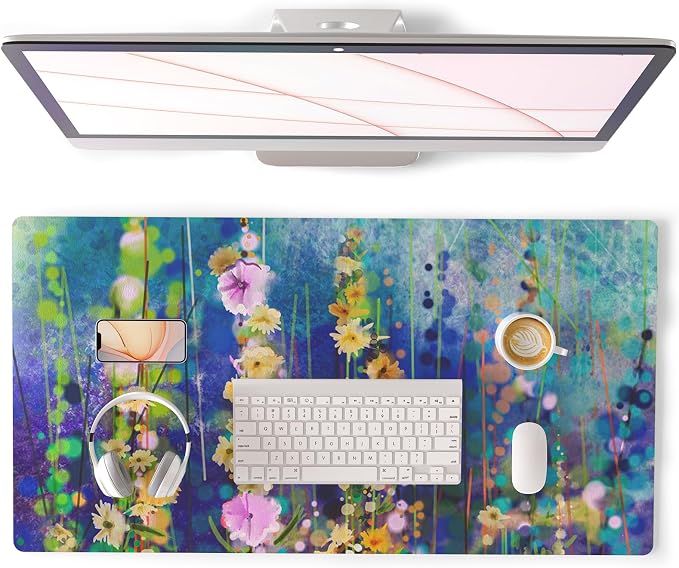 QiyI Large Desk Pad, Waterproof PU Leather Mouse Pad for Desktop, Blue Green Floral Home Décor Office Desk Accessories, Non Slip Desk Mat Writing Pads for Home Office 31.5" x 15.7" - Ivy Flowers