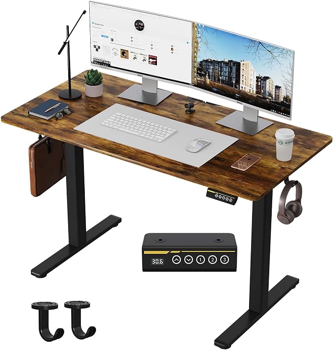 48 x 24 Inch Height Adjustable Standing Desk, 3 Presets, Brown | 48 x 24 in Desktop, 28.3–46.5 in Height, 2+3 Controls, ≤45 dB, 154 lb Capacity, 2 Hooks