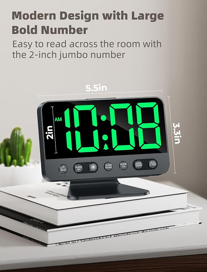 Odokee Digital Alarm Clocks for Bedrooms with Large Bold Number | Electric Desk Clock with Night Light & Brightness Dimmer - Loud Alarm for Heavy Sleepers with Adjustable Volume - Green