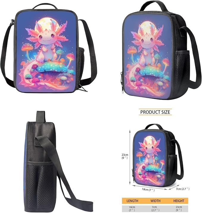 WELLFLYHOM Customized Axolotl Kids Girls Backpack Set 6-8 4Pcs with Lunch Box Pencil Case Water Bottle Sleeve Moon Mushroom Elementary School Daypack Back to School Season Supplies Purple