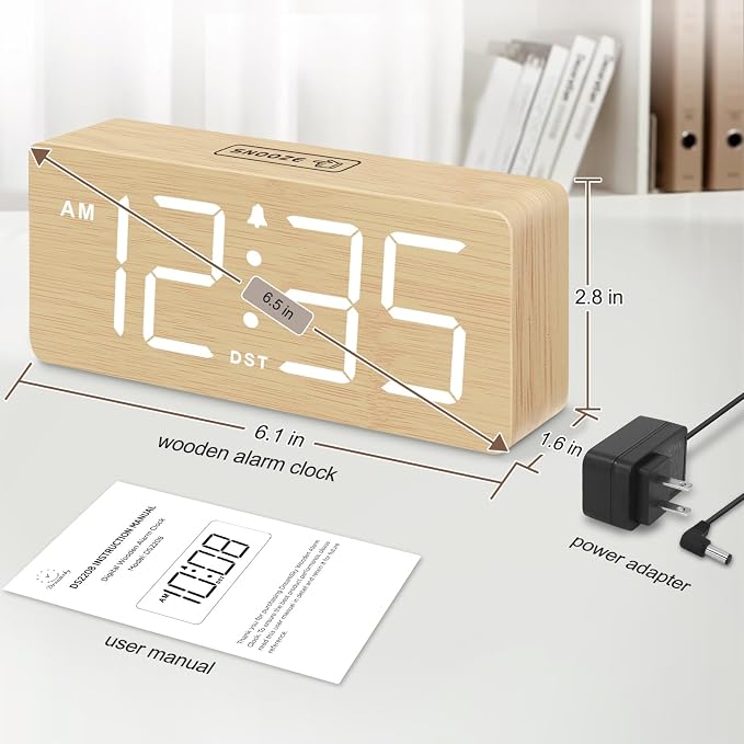 DreamSky Wooden Digital Alarm Clock for Bedroom with Large Numbers | Desk Clock for Living Room Office, Loud Alarm for Heavy Sleepers Adults, Volume Control, Dimmer, DST, Wood Decor (Plug-in)