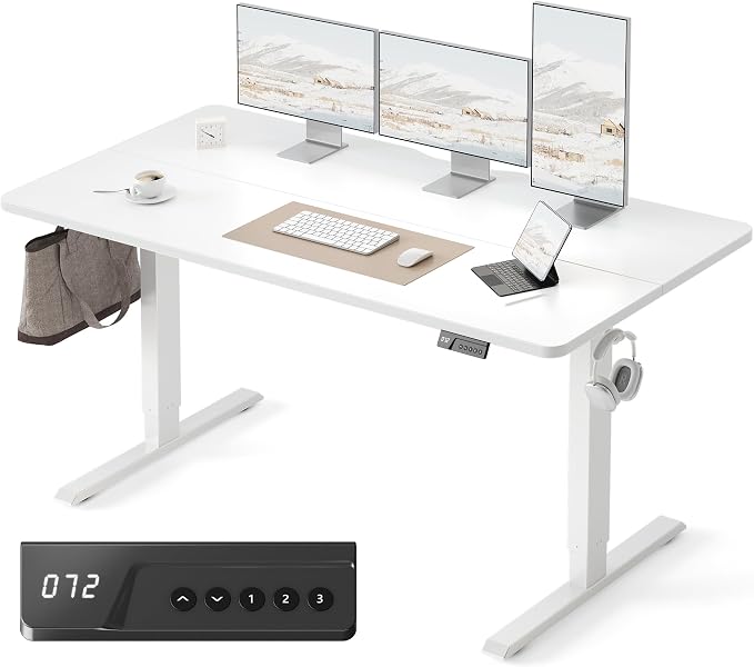 FEZIBO Standing Desk, 63×28 Inches Electric Height Adjustable, Sit Stand Up, Computer Office Desk with Splice Board, While Frame/While TOP