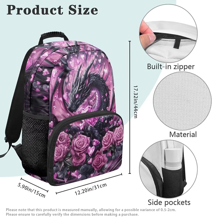 Dragon Heart Backpack for Girls 7-10, 4PCS School Backpack Set with Lunch Box & Pencil Case, Pink Rose 17 Inch Book Bag for Elementary Back to School