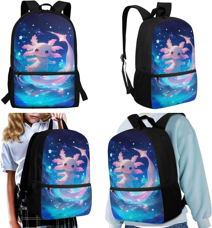 WELLFLYHOM Little Kid Axolotl 4 PCS Backpack Set for Girls Back to School Supplies, Blue 17 Inch Starry Night Elementary School Backpack with Lunch Box for Age 6-8, Mochilas Escolares Para Niñas