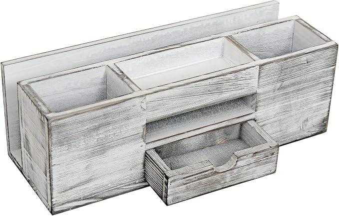 Liry Products Whitewashed Wooden Desktop Organizer Multiple Compartments Rack Shelf Drawer Tabletop Wood Storage Cabinet Office Supplies Caddy Document Stationery Holder Accessory Sorter Vanity Home