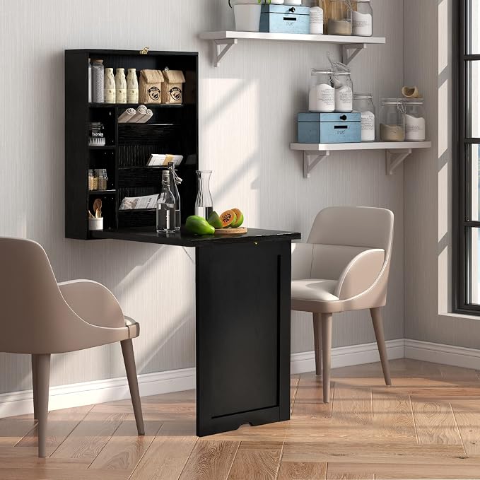 GOFLAME Wall Mounted Folding Desk with 3-Tier Tilt Storage Partition and Adjustable Shelves, Space-Saving Convertible Writing Desk for Home Office, Black