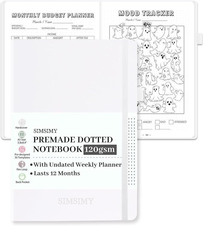 Premade Dotted Journal Notebook, Pre-made Dot Grid Notebook with Undated Weekly & Monthly Planner, Trackers, Bullet Templates - 12 Months Organization, 237 Numbered Pages A5 Hardcover Leather