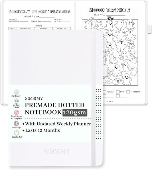 Premade Dotted Journal Notebook, Pre-made Dot Grid Notebook with Undated Weekly & Monthly Planner, Trackers, Bullet Templates - 12 Months Organization, 237 Numbered Pages A5 Hardcover Leather